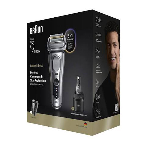 ماشین اصلاح موی صورت شارژی براون مدل 9677CC با تیغههای تیتانیوم، ضد آب، استفاده خشک و مرطوب، تیغههای خودتیزشونده و ضد التهاب، نمایشگر میزان شارژ، باتری لیتیوم یون، شارژ سریع، همراه با آداپتور، کیف نگهداری و برس تمیزکننده
