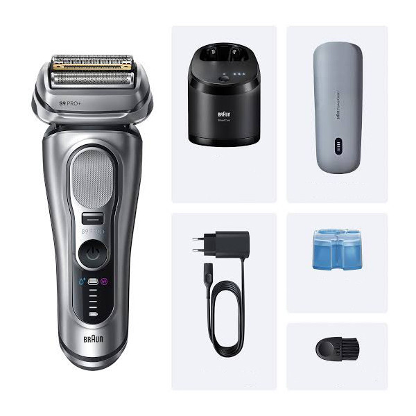 ماشین اصلاح موی صورت شارژی براون مدل 9677CC با تیغههای تیتانیوم، ضد آب، استفاده خشک و مرطوب، تیغههای خودتیزشونده و ضد التهاب، نمایشگر میزان شارژ، باتری لیتیوم یون، شارژ سریع، همراه با آداپتور، کیف نگهداری و برس تمیزکننده