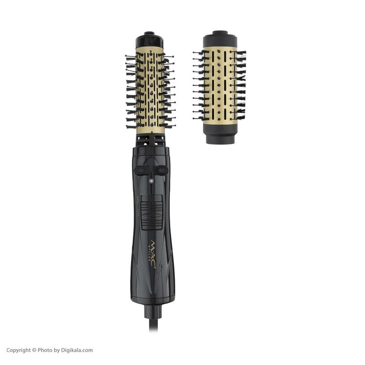 سشوار برسدار چرخشی مک استایلر مدل MC-6625 با توان 1200 وات، المنت سرامیکی، تنظیم دما و سرعت دو حالته، قابلیت باد سرد، سری صافکننده و حجمدهنده، همراه با سری برس گرد باریک و پهن و کیف نگهدارنده، کاربرد خانگی