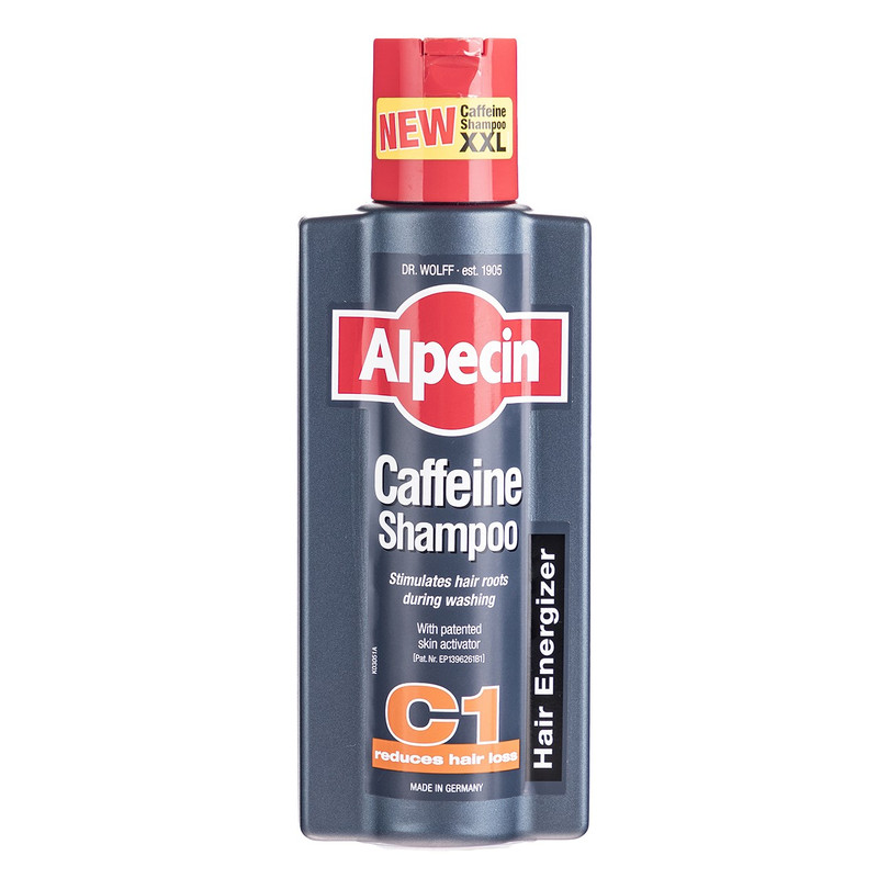 شامپو ضد ریزش مو آلپسین مدل Caffeine C1 حجم 375 میلیلیتر، حاوی کراتین و کمپلکس کافئین و نعناع، تقویتکننده ریشه مو، افزایش ضخامت و حجمدهنده، مناسب برای انواع مو و آقایان