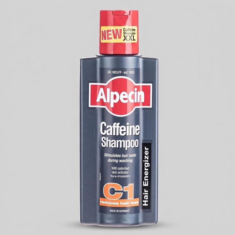 شامپو ضد ریزش مو آلپسین مدل Caffeine C1 حجم 375 میلیلیتر، حاوی کراتین و کمپلکس کافئین و نعناع، تقویتکننده ریشه مو، افزایش ضخامت و حجمدهنده، مناسب برای انواع مو و آقایان