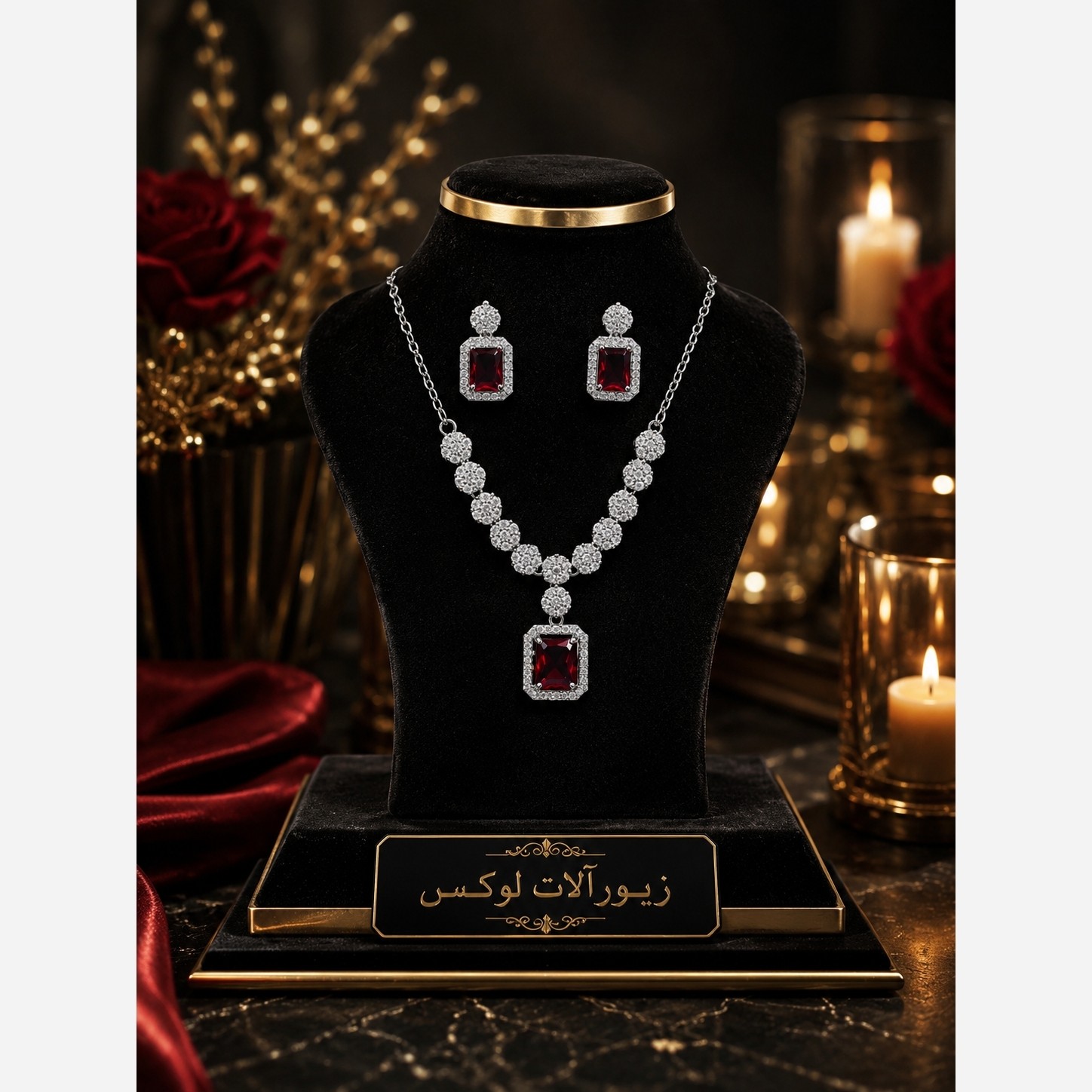 نیم ست زنانه جواهری نگین میکرو قرمز