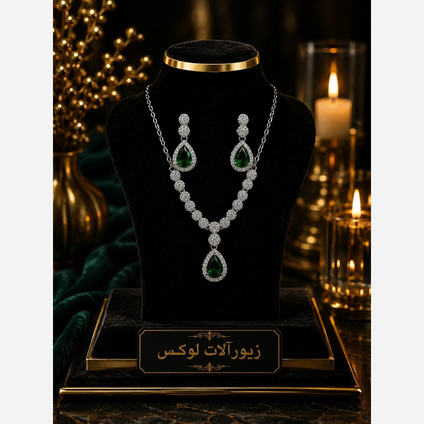 نیم ست اشکی نگین سبز جواهری زنانه
