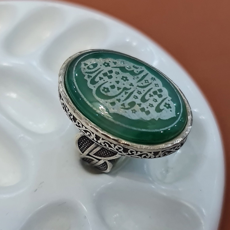 انگشتر عقیق خطی سبز یا ثارالله وابن ثاره طرح نقره مردانه