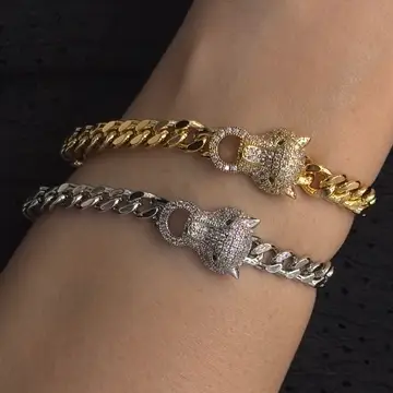 دستبند زنانه و دخترانه آبکاری نقره جواهری زنجیر کارتیر با سر ببر نگین کاری رنگ ثابت کد agy (پس کرایه)