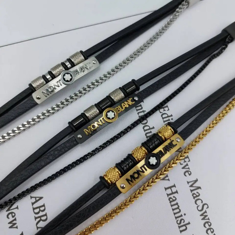 دستبند مردانه اسپرت چرم و پلاک استیل مونت بلک mont black سه لاین رنگ ثابت کد amp (پس کرایه)