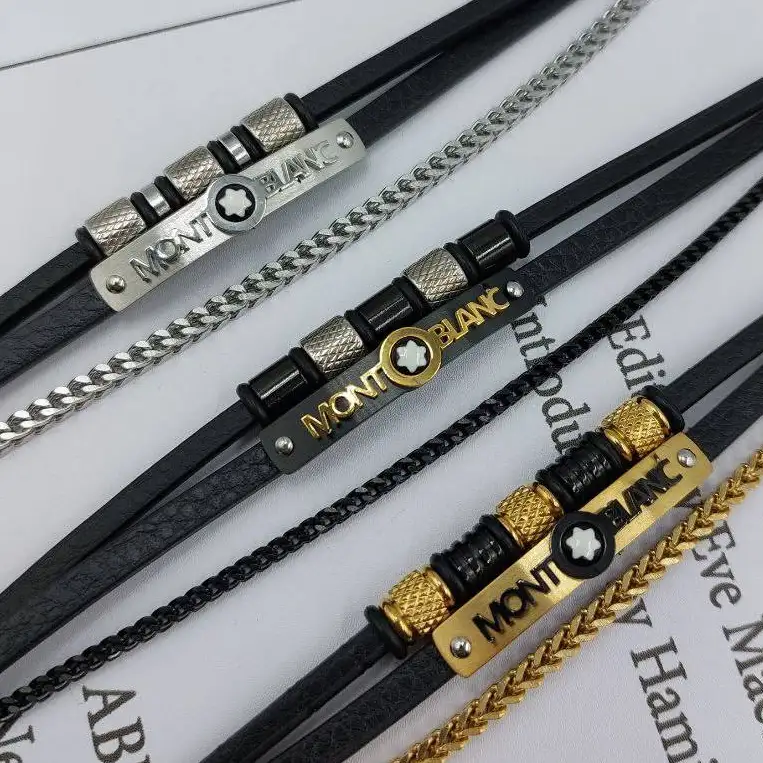 دستبند مردانه اسپرت چرم و پلاک استیل مونت بلک mont black سه لاین رنگ ثابت کد amp (پس کرایه)