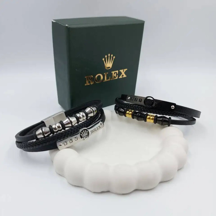 دستبند مردانه چرم و پلاک استیل طرح رولکس rolex سه لاین رنگ ثابت کد amp (پس کرایه)