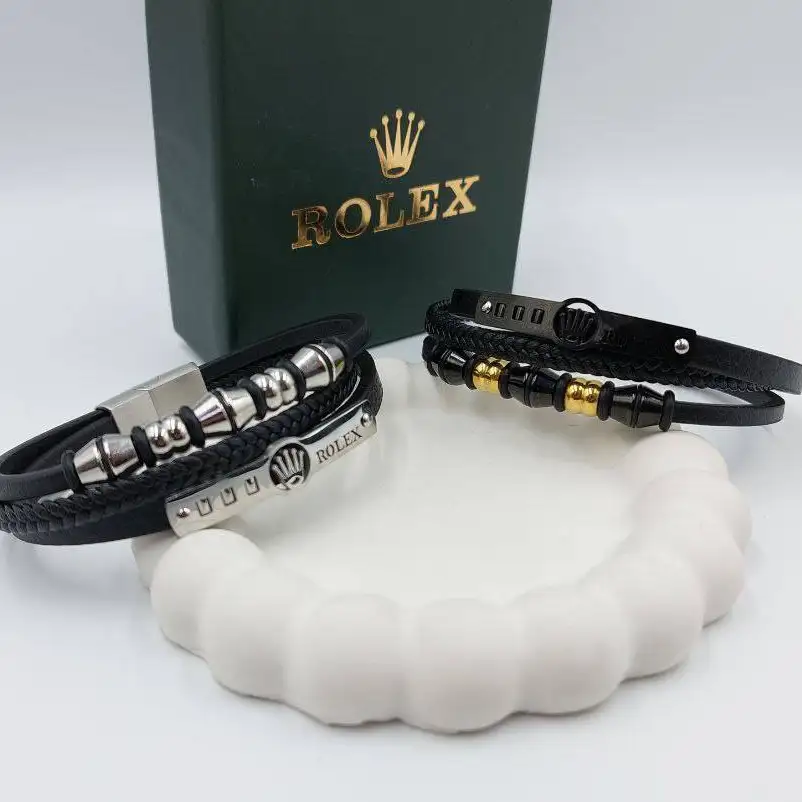 دستبند مردانه چرم و پلاک استیل طرح رولکس rolex سه لاین رنگ ثابت کد amp (پس کرایه)