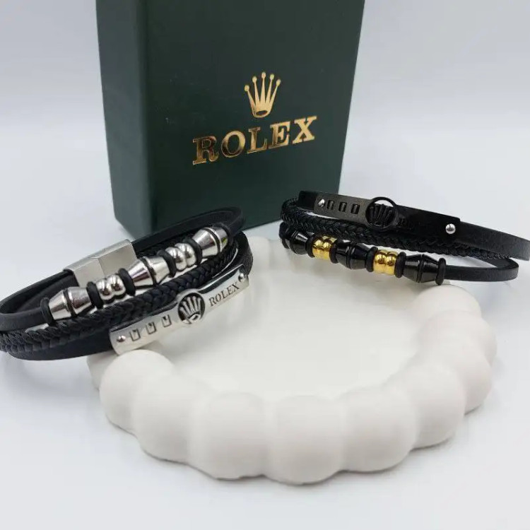 دستبند مردانه چرم و پلاک استیل طرح رولکس rolex سه لاین رنگ ثابت کد amp (پس کرایه)