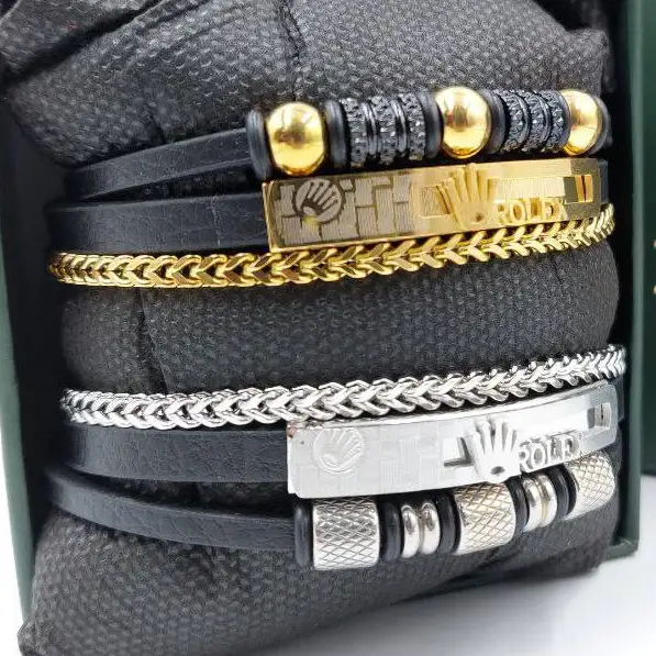 دستبند مردانه چرم و پلاک استیل طرح پلاک رولکس rolex سه لاین رنگ ثابت کد amp (پس کرایه)
