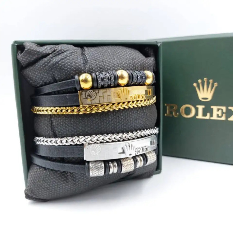 دستبند مردانه چرم و پلاک استیل طرح پلاک رولکس rolex سه لاین رنگ ثابت کد amp (پس کرایه)