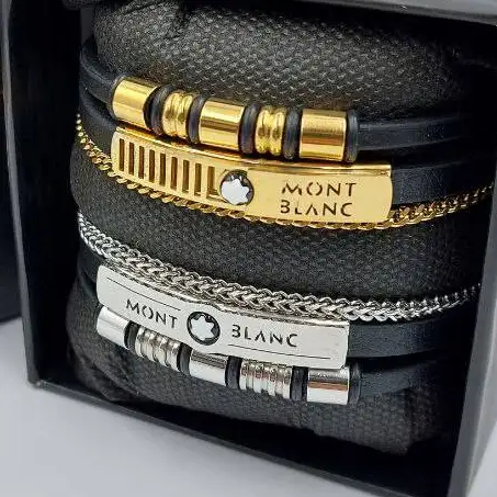 دستبند مردانه چرم و پلاک استیل طرح مونت بلک mont black سه لاین رنگ ثابت کد amp (پس کرایه)