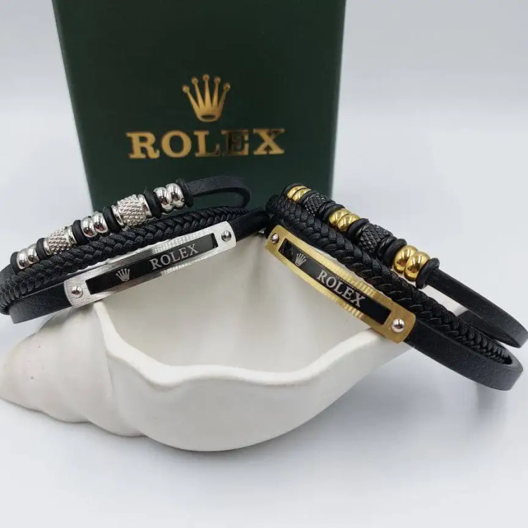 دستبند مردانه چرم و پلاک استیل رولکس rolex سه لاین رنگ ثابت کد amp (پس کرایه)