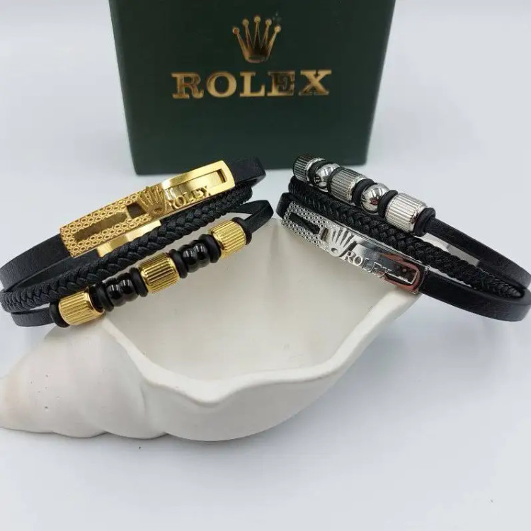 دستبند مردانه و پسرانه چرم و پلاک استیل رولکس VERSACE سه لاین رنگ ثابت کد amp (پس کرایه)