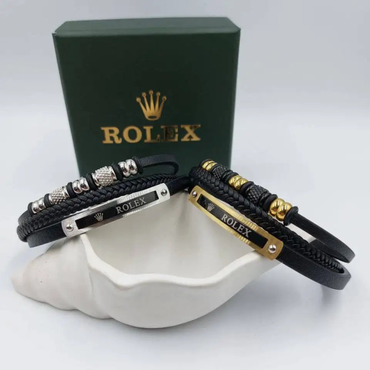 دستبند مردانه چرم و پلاک استیل رولکس rolex سه لاین رنگ ثابت کد amp (پس کرایه)