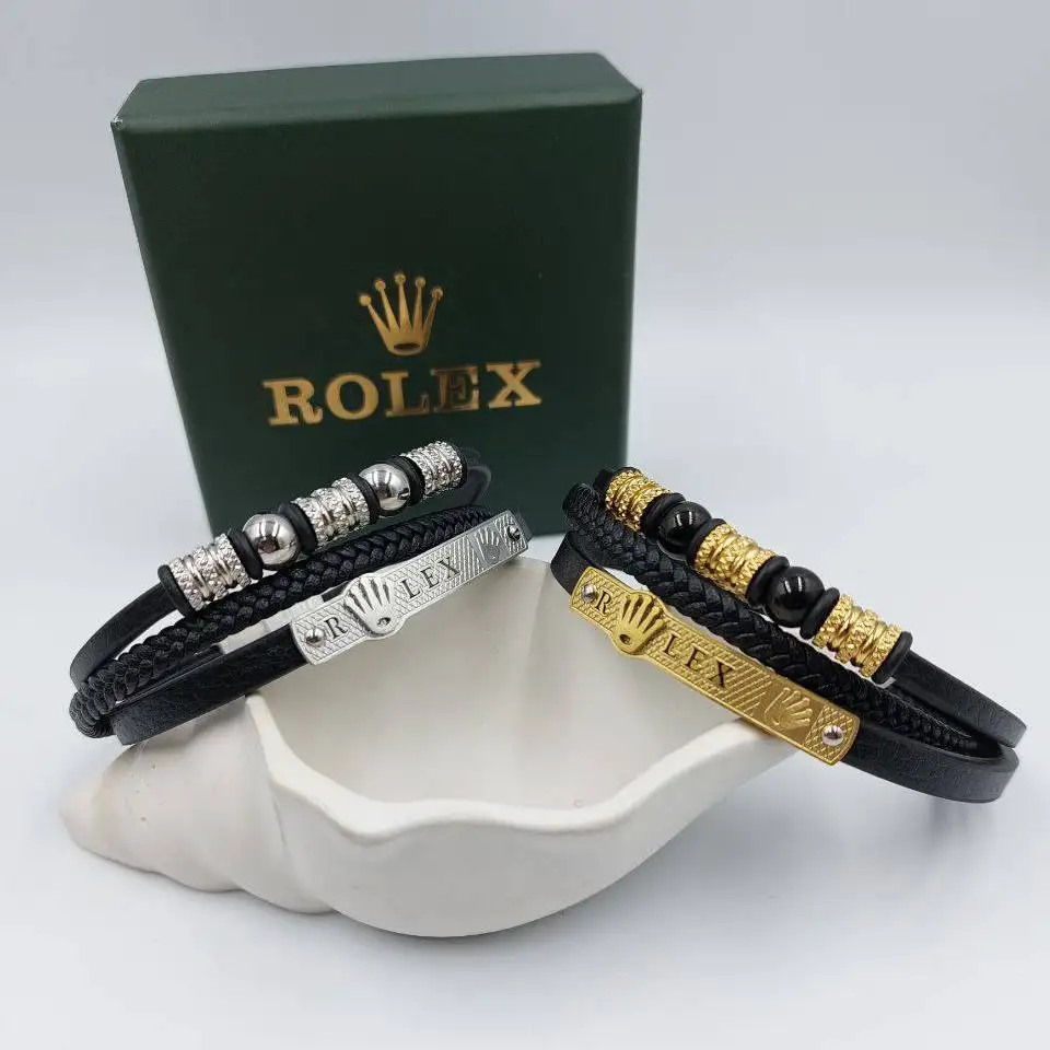 دستبند مردانه و پسرانه چرم و پلاک استیل رولکس rolex سه لاین رنگ ثابت کد amp (پس کرایه)