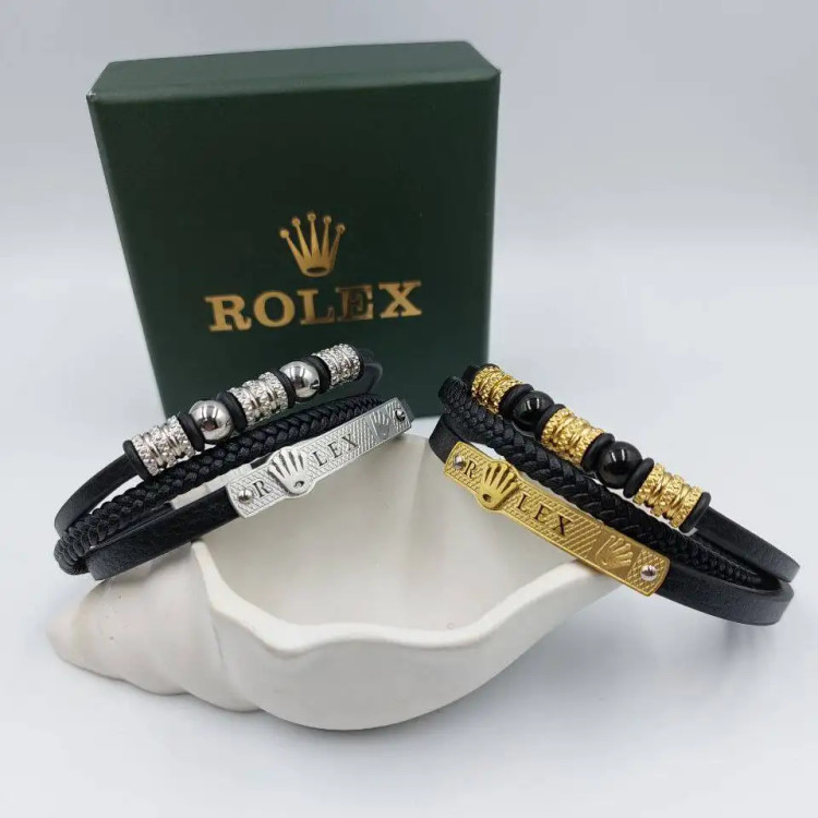دستبند مردانه و پسرانه چرم و پلاک استیل رولکس rolex سه لاین رنگ ثابت کد amp (پس کرایه)