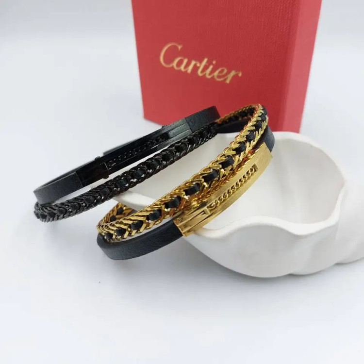 دستبند مردانه و پسرانه چرم و پلاک استیل cartier کارتیر دولاین رنگ ثابت کد amp (پس کرایه)