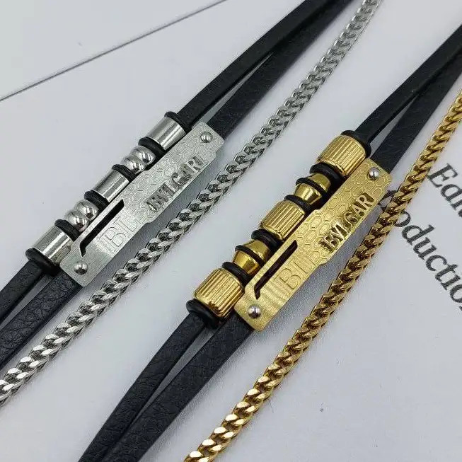 دستبند مردانه و پسرانه چرم و پلاک استیل بولگاری bvlgari سه لاین رنگ ثابت کد amp (پس کرایه)