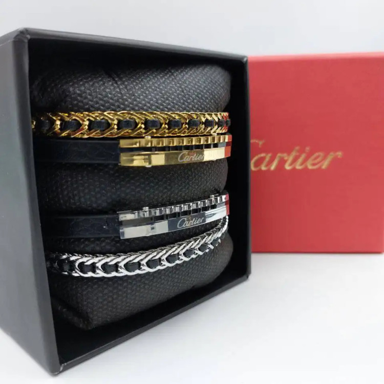 دستبند مردانه و پسرانه چرم و پلاک استیل کارتیر cartier دولاین رنگ ثابت کد amp (پس کرایه)