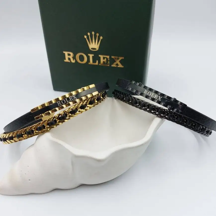 دستبند مردانه و پسرانه اسپرت چرم و پلاک استیل رولکس rolex سه لاین رنگ ثابت کد amp (پس کرایه)