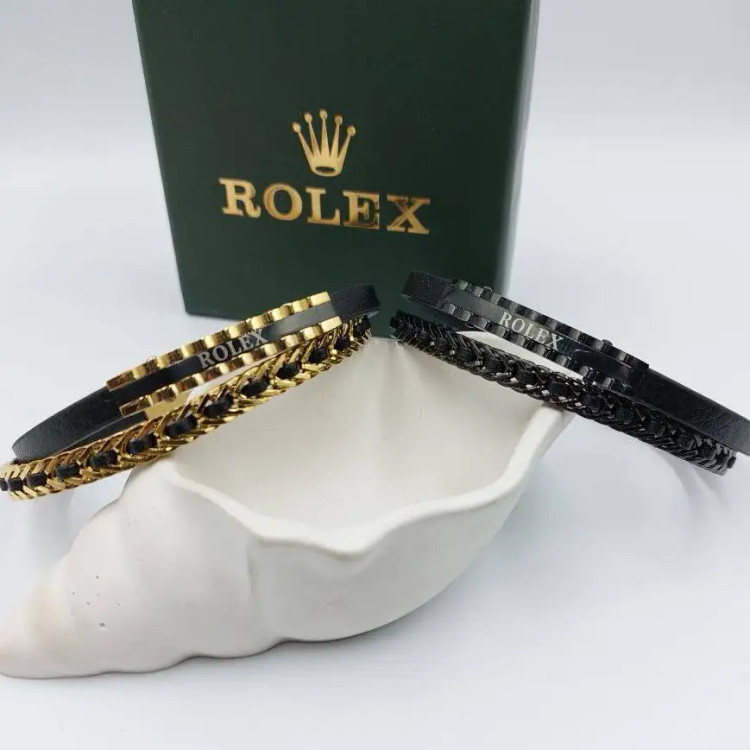 دستبند مردانه و پسرانه اسپرت چرم و پلاک استیل رولکس rolex سه لاین رنگ ثابت کد amp (پس کرایه)