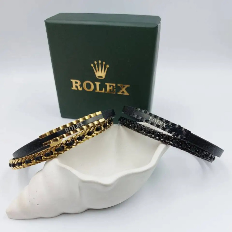 دستبند اسپرت مردانه و پسرانه چرم و پلاک استیل رولکس rolex سه لاین رنگ ثابت کد amp (پس کرایه)