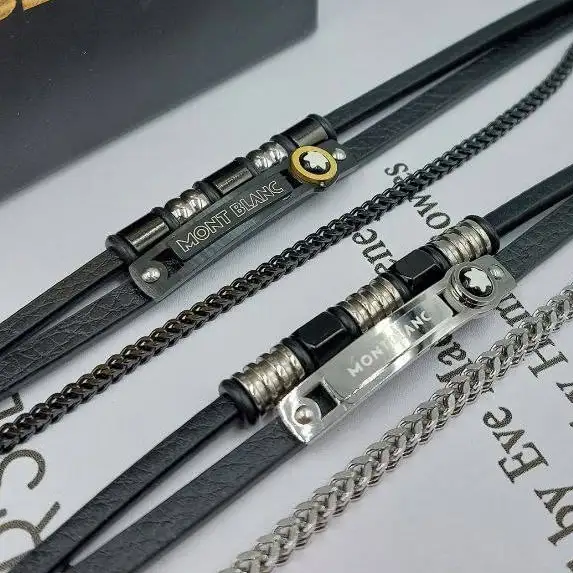 دستبند مردانه و پسرانه چرم مونت بلک mont black پلاک استیل سه لاین رنگ ثابت کد amp (پس کرایه)