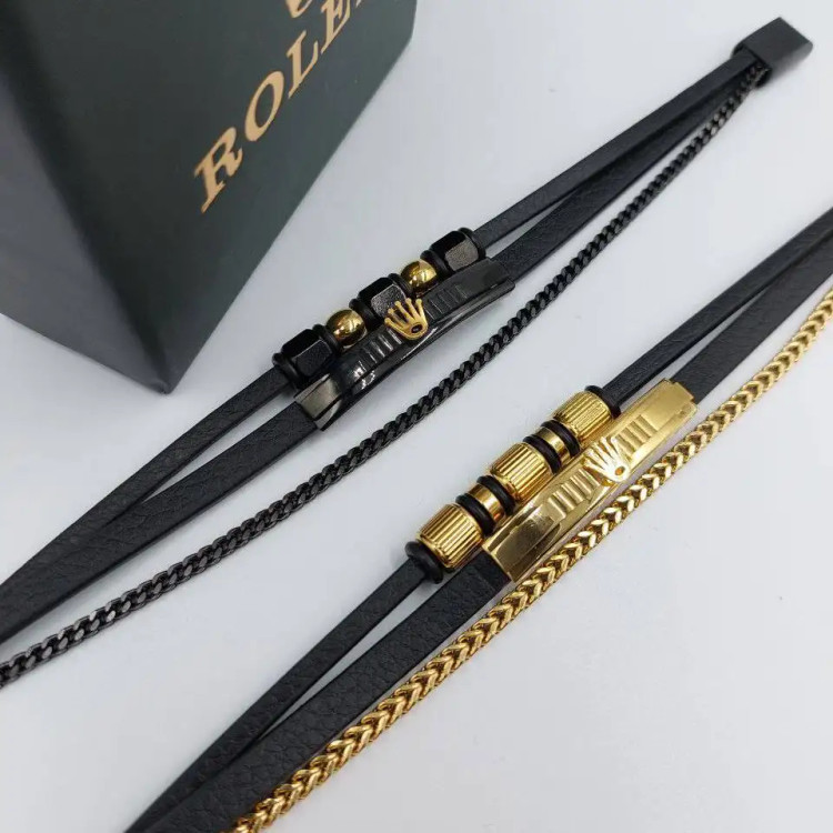 دستبند مردانه و پسرانه چرم و رولکس rolex سه لاین پلاک استیل رنگ ثابت کد amp (پس کرایه)