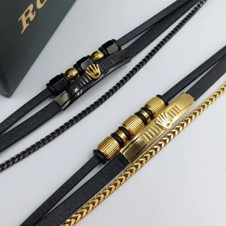 دستبند مردانه و پسرانه چرم و رولکس rolex سه لاین پلاک استیل رنگ ثابت کد amp (پس کرایه)