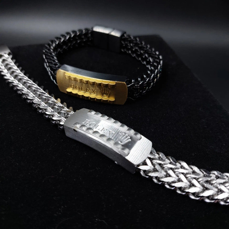 دستبند استیل مردانه پلاک طرح رولکس ROLEX زنجیر چهار وجهی دولاین رنگ ثابت کد amp (پس کرایه)