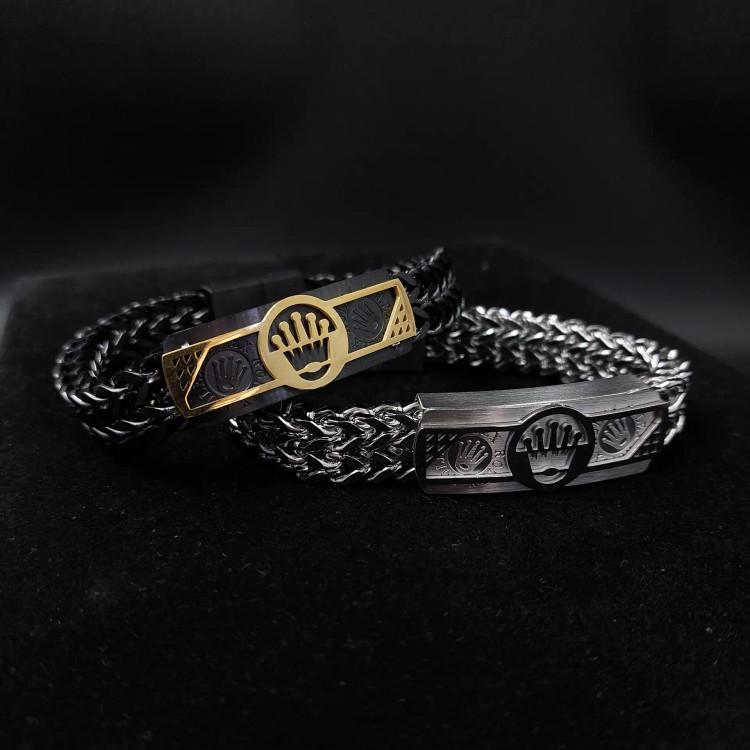 دستبند مردانه استیل پلاک طرح رولکس ROLEX زنجیر چهار وجهی دولاین رنگ ثابت کد amp (پس کرایه)