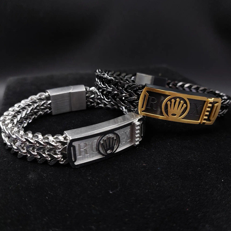 دستبند مردانه پلاک طرح رولکس ROLEX زنجیر چهار وجهی دولاین استیل رنگ ثابت کد amp (پس کرایه)
