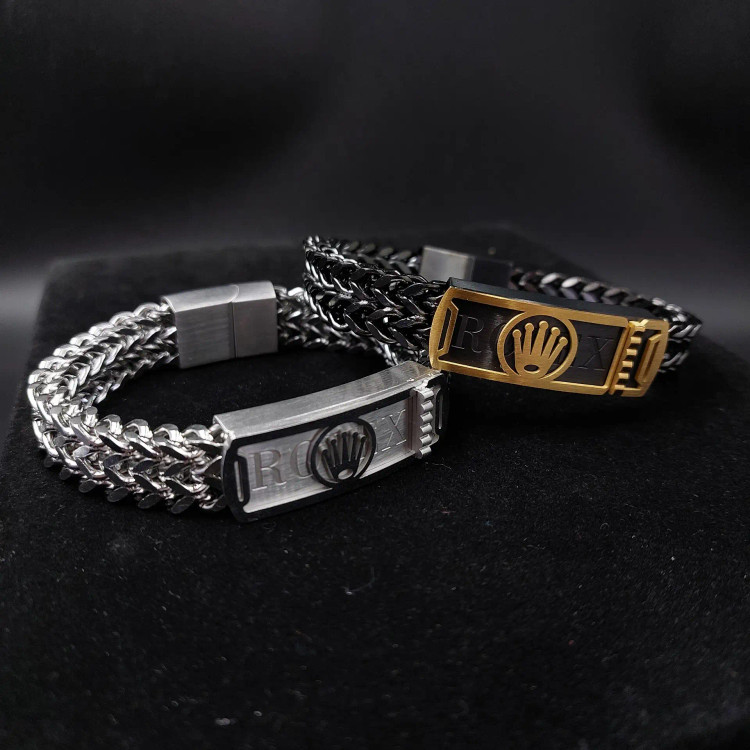 دستبند مردانه پلاک طرح رولکس ROLEX زنجیر چهار وجهی دولاین استیل رنگ ثابت کد amp (پس کرایه)