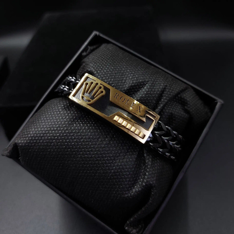 دستبند استیل مردانه طرح پلاک رولکس ROLEX زنجیر چهار وجهی دولاین رنگ ثابت کد amp (پس کرایه)