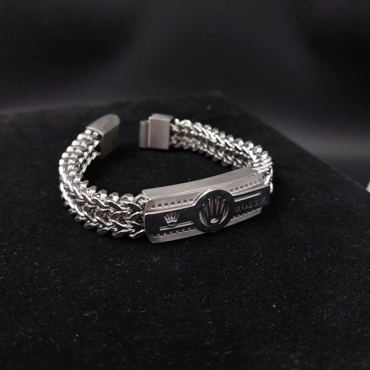 دستبند استیل مردانه پلاک رولکس ROLEX زنجیر چهار وجهی دولاین رنگ ثابت کد amp (پس کرایه)