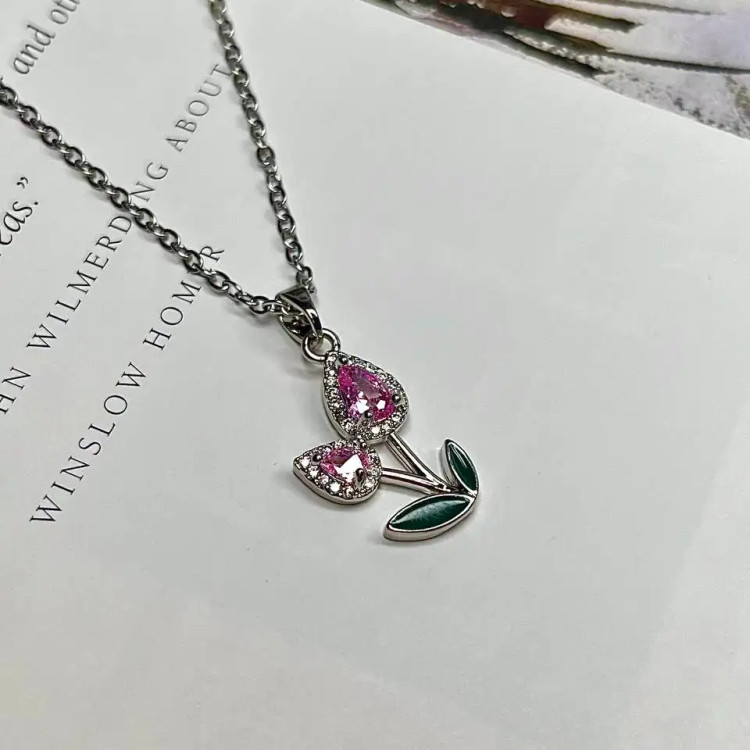 گردنبند زنانه طرح شاخه گل صورتی استیل ضد حساسیت رنگ کاملا ثابت کد atk (پس کرایه)
