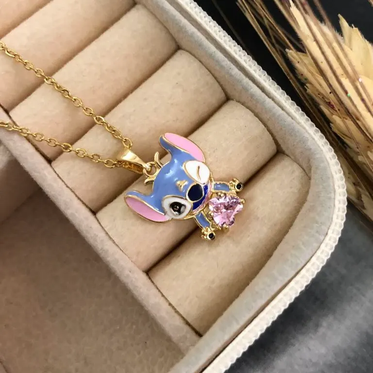 گردنبند زنانه مدل استیچ Stitch و انجل Angel رنگ آبی و صورتی آبکاری نقره ضد حساسیت رنگ ثابت کد zsm (پس کرایه)