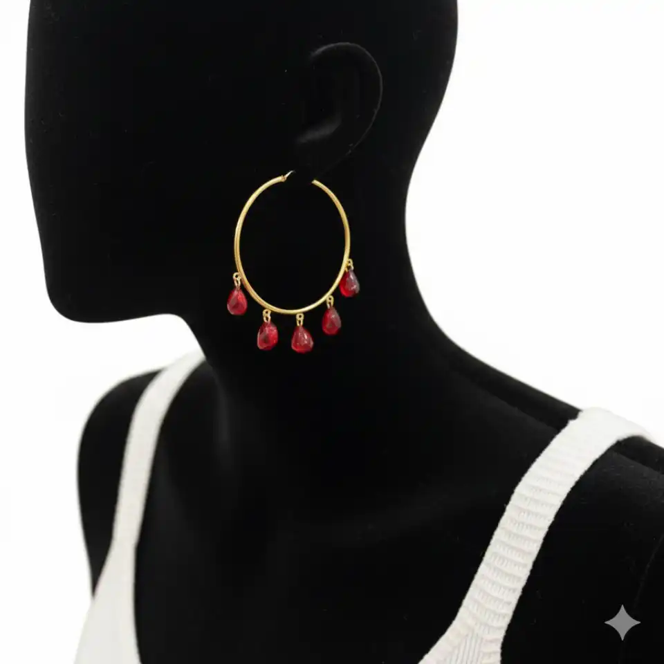 گوشواره حلقه ای بزرگ زنانه طرح یلدایی با آویز دانه انار آبکاری درجه یک نقره با کیفیت بالا رنگ ثابت کد ztj (پس کرایه)