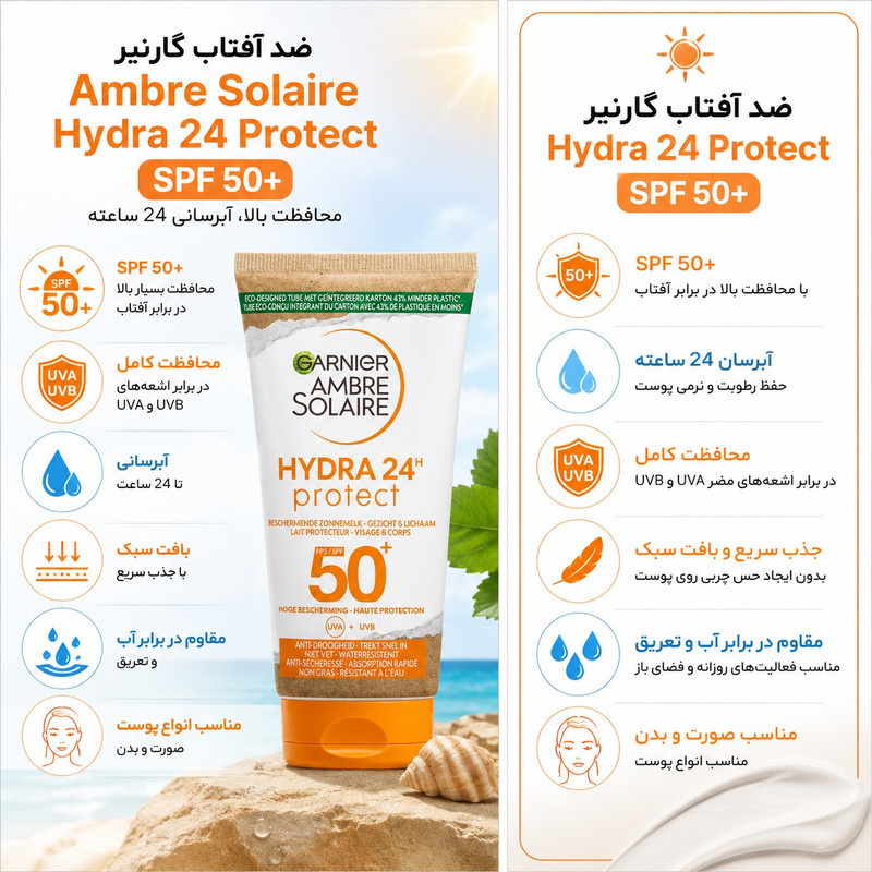 کرم ضد آفتاب بیرنگ گارنیه SPF 50 مدل Ambre Solaire Hydra 24 Protect مناسب برای انواع پوست حجم 50 میلیلیتر