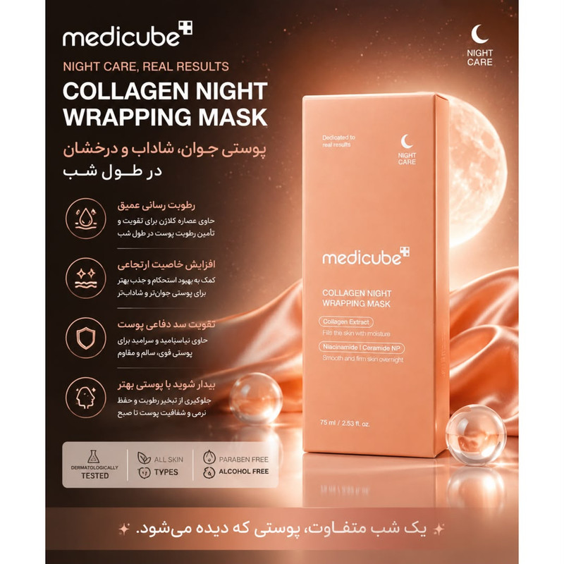 ماسک صورت و بدن آبرسان مدیکیوب مدل Collagen Night Wrapping مناسب برای انواع پوست حجم 75 میلی لیتر