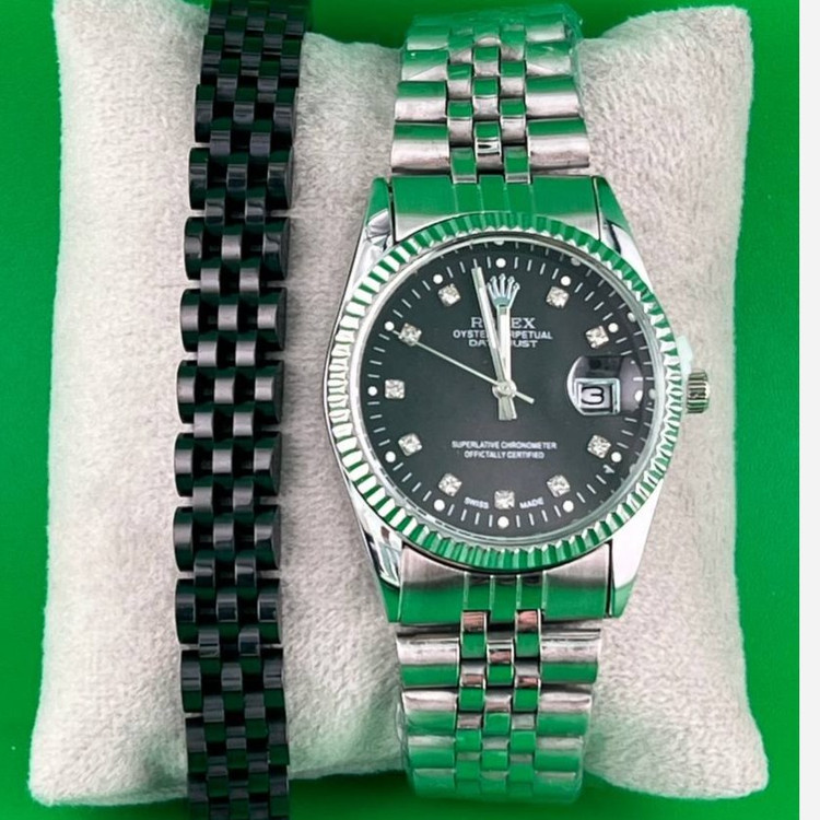 ساعت و دستبند رولکس Rolex مردانه استیل، تاریخ دار و دارای عقربه دید در شب رنگ ثابت کد zki (پس کرایه)
