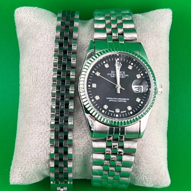 ساعت و دستبند رولکس Rolex مردانه استیل، تاریخ دار و دارای عقربه دید در شب رنگ ثابت کد zki (پس کرایه)