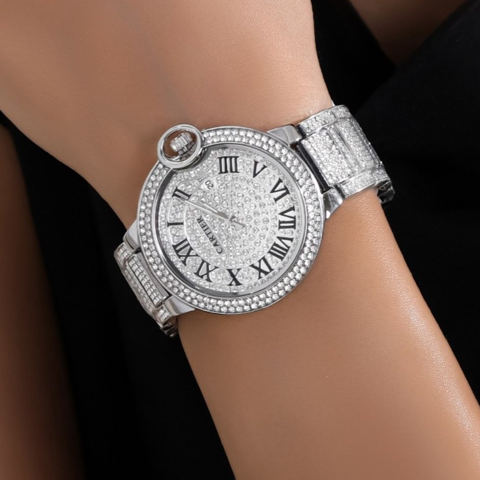 ساعت مچی زنانه طرح رولکس Rolex قفل پروانه ای نگین کار شده تقویم دار رنگ ثابت کد zmp (پس کرایه)