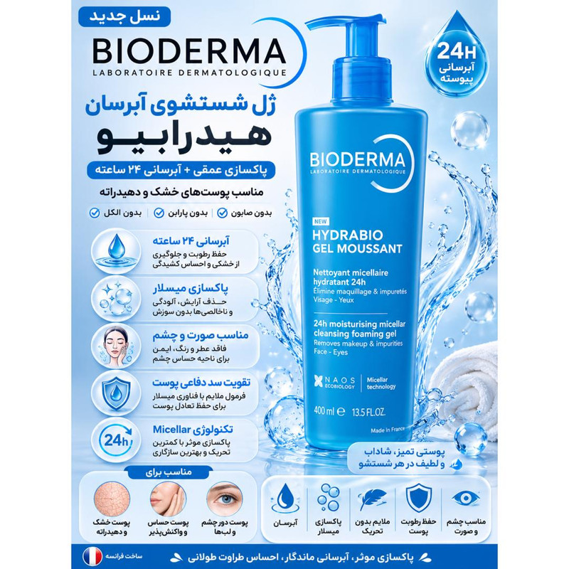 ژل شستوشوی صورت بایودرما مدل Hydrabio Gel Moussant مناسب برای انواع پوست حجم 400 میلیلیتر