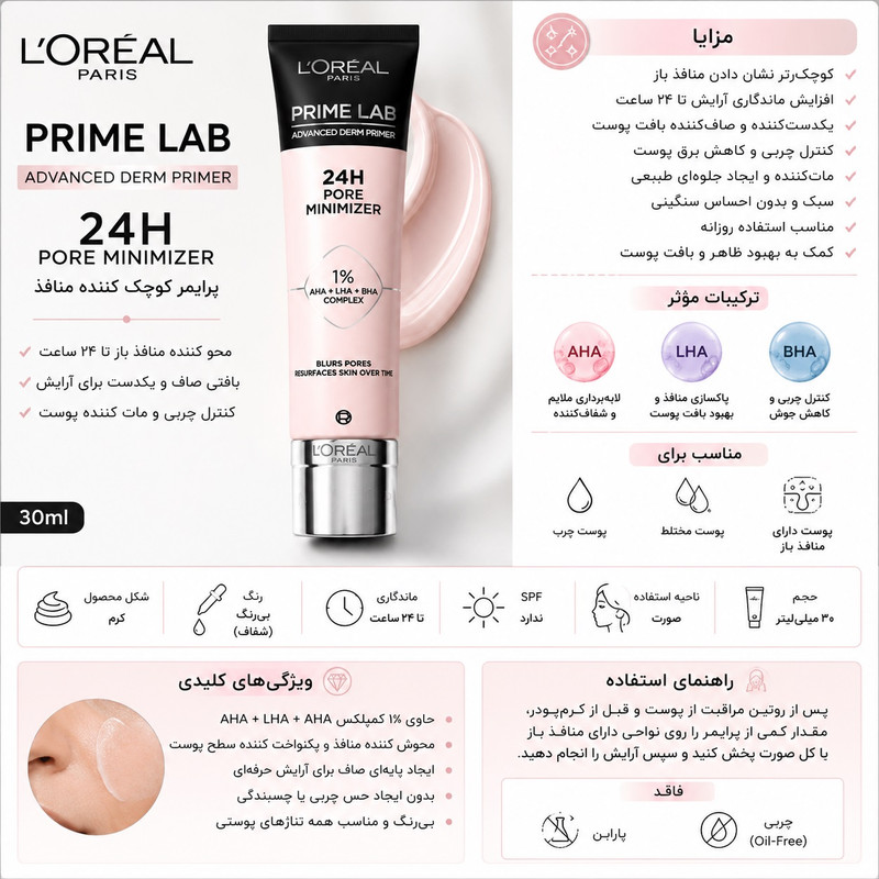 پرایمر صورت لورآل مدل Minimizer Primer مناسب انواع پوست حجم 30 میلیلیتر