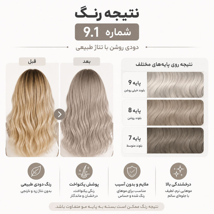 شامپو رنگ مو تونیکا شماره 9.1 رنگ بلوند خاکستری بدون آمونیاک، تیوپی، مناسب برای رنگآمیزی سریع و سالم موهای روشن حجم 150 میلیلیتر