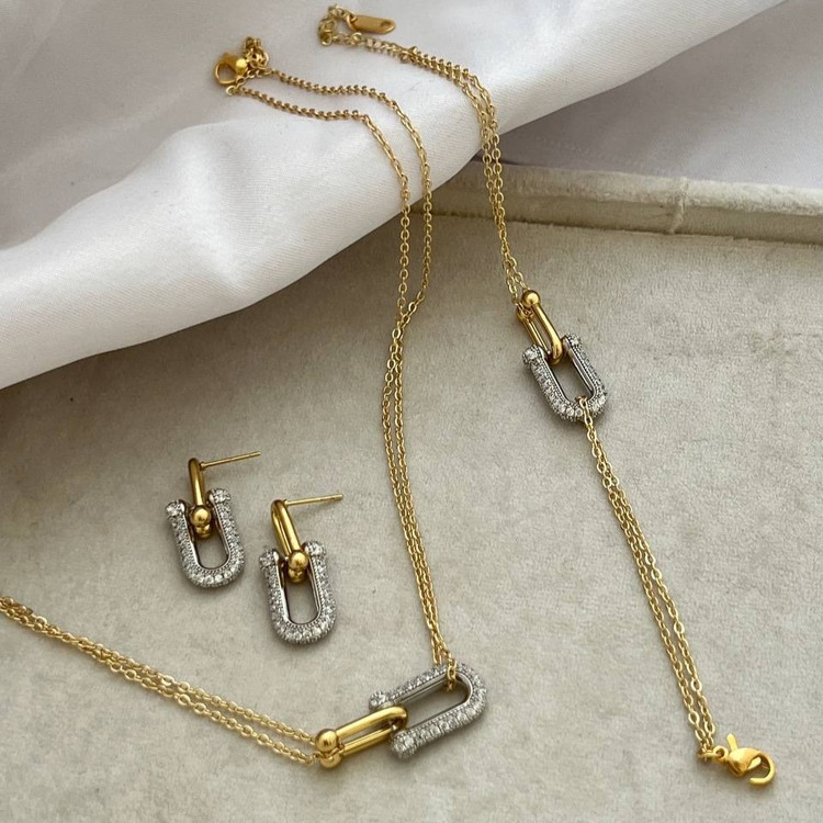 نیم ست استیل گردنبند و گوشواره و دستبند زنانه طرح تیفانی Tiffany رنگ کاملا ثابت کد tj (پس کرایه)