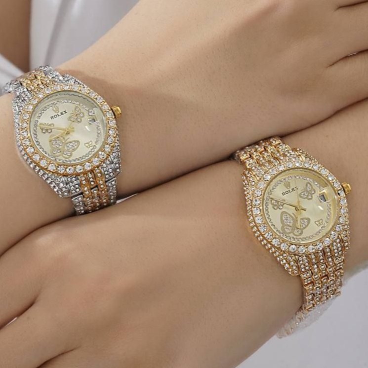 ساعت زنانه فول نگین دار پروانه ای طرح رولکس ROLEX رنگ کاملا ثابت کد sm (پس کرایه)